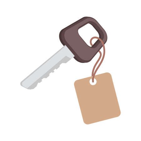 Key with label vector flat illustration isolated on white background. Car, room, or house keys sign concept.のイラスト素材