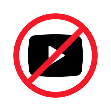 Video shooting is prohibited vector flat illustration isolated on white background. Play sign in crossed out red circle.のイラスト素材