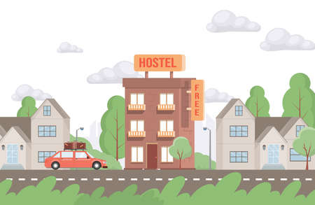 Red car driving up to hostel building vector flat illustration. Modern exterior of free hostel for tourists and travelers.のイラスト素材