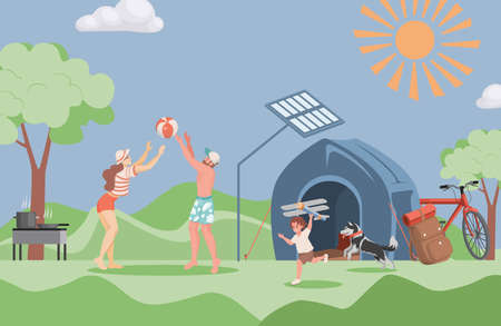 Happy smiling family spending time together outdoor at summer camping vector flat illustration.のイラスト素材