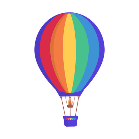 Hot air balloon with colorful rainbow stripes vector flat illustration isolated on white background.のイラスト素材