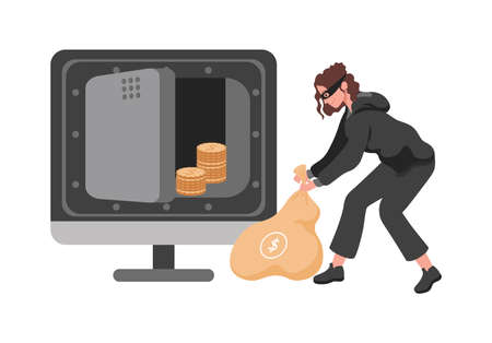 Thief woman stealing money from vault vector flat illustration. Robber or burglar character carrying bag.のイラスト素材