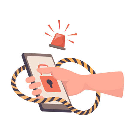 Hand holding hacked smartphone vector flat illustration. Hacker attack, phishing, stealing personal information.のイラスト素材