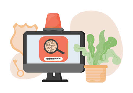 Computer screen protected by two factor authentication, password, and fingerprint scanner vector flat illustration.のイラスト素材
