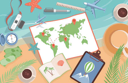 World map with location points and travel items vector flat illustration. Planning summer vacation, journey.のイラスト素材