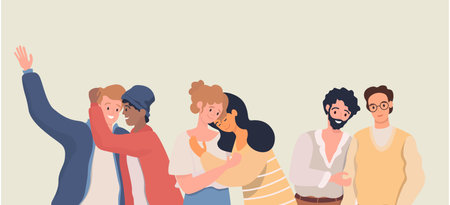 Homosexuality, romantic partners vector flat illustration. LGBT movement, homosexual men and women falling in love.のイラスト素材