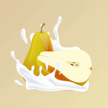 Pear and splash of white liquid cartoon illustration. Natural cosmetic, yogurt or fruit and milk cocktail.のイラスト素材