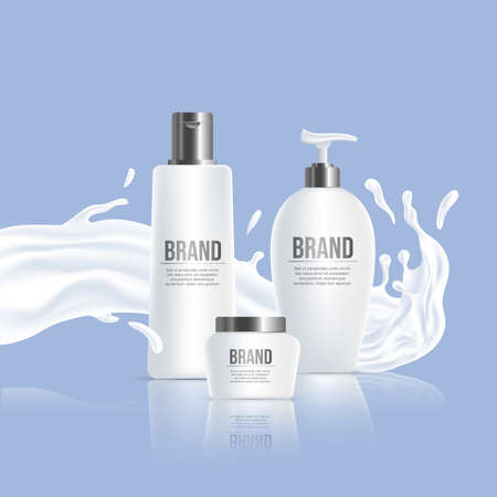White plastic bottles with brand name and white liquid splash vector realistic illustration.のイラスト素材