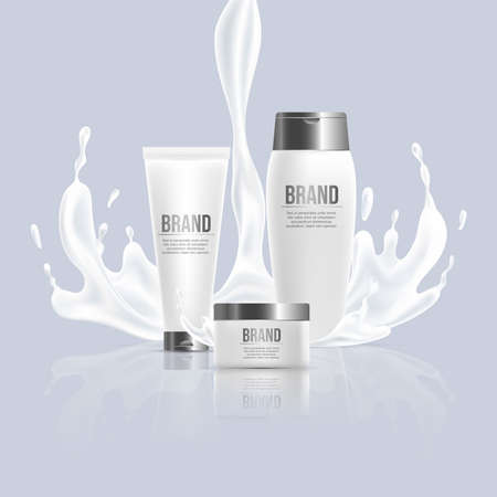 Cosmetic beauty products vector realistic design. Hand cream and body lotion packaging with splash of liquid.のイラスト素材