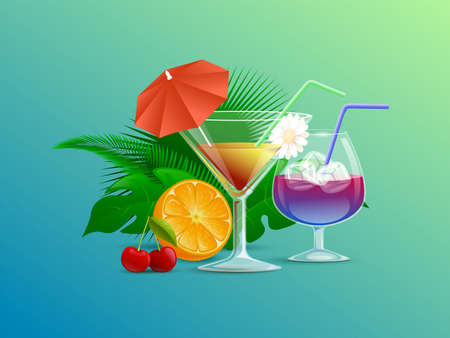 Colorful summer cocktails decorated with straws, flowers, and cocktail umbrellas vector cartoon illustration.のイラスト素材
