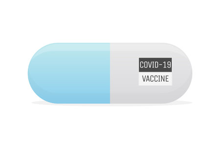 Covid-19 oral vaccine vector flat illustration. White and blue oval tablet, pill isolated on white background.のイラスト素材