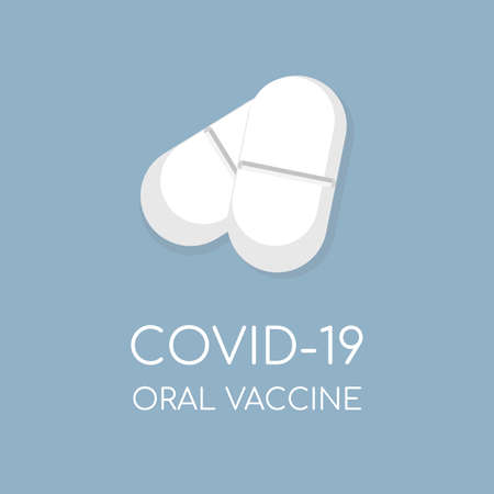 Covid-19 oral vaccine vector flat banner template with text space. White tablets, pills isolated on blue background.のイラスト素材
