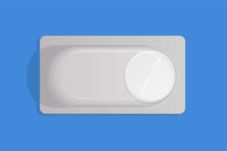 White pill in blister pack vector flat illustration. Medical pill in packaging, medicament to treat illness, pain, or viruses.のイラスト素材