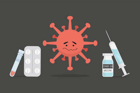 Oral Covid-19 vaccine, syringe and tube with vaccine against Coronavirus cell vector flat illustration.のイラスト素材