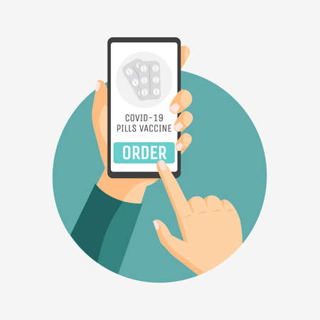 Covid-19 oral vaccine online order vector flat illustration. Hands buying pills against Coronavirus.のイラスト素材