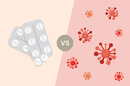 Oral vaccine versus Coronavirus molecules vector flat illustration. Drugs, antibiotics against Coronavirus.のイラスト素材