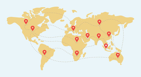 Earth map with location point marks vector flat illustration. World wide shipping, delivery, location, GPS navigation.のイラスト素材