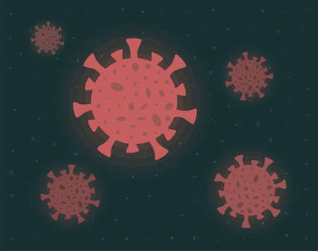 Covid-19 red cells flying in outer space among stars flat illustration. Coronavirus molecules in the dark cosmos.のイラスト素材