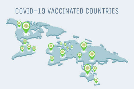 Covid-19 vaccinated countries vector flat illustration. Global pandemic of Coronavirus outbreak on Earth.のイラスト素材