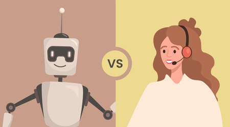 Robot versus woman vector flat illustration. People cooperate or confrontation with artificial Intelligence.のイラスト素材