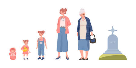 Cycle of woman life vector flat illustration isolated on white background. Female character growing up, aging and die.のイラスト素材