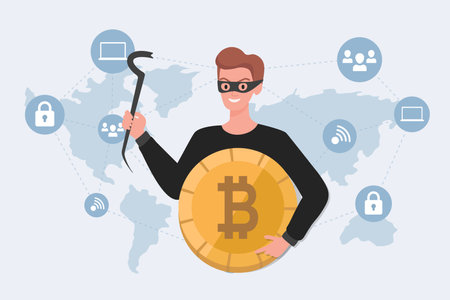 Thief in mask holding stolen bitcoin vector flat illustration. Cyber crime, financial robbery, hacker attack concept.のイラスト素材