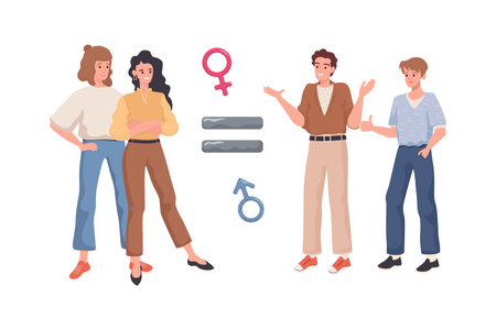 Gender equality vector flat concept. Equal sign between happy smiling men and women. Equal rights for everyone.のイラスト素材