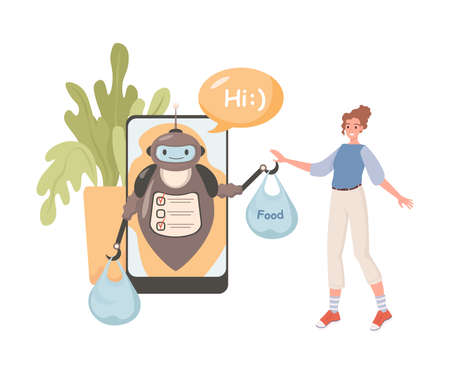 Robot delivering food from grocery shop vector flat illustration. Young woman makes online order.のイラスト素材