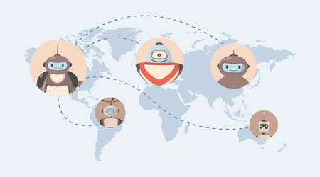 Robots around the world vector flat illustration. Map with robot avatars. Future technologies, artificial intelligence.のイラスト素材