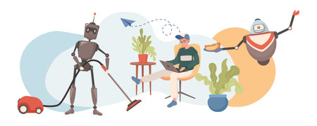 Domestic personal robots vector flat illustration. Robots cleaning floor, cooking, and serving food.のイラスト素材