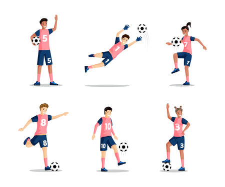 Happy smiling boys and girls playing football vector flat illustration isolated on white background.のイラスト素材