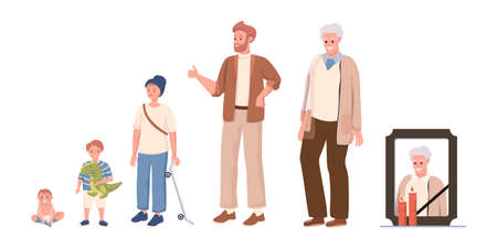 Cycle of man life vector flat illustration isolated on white background. Male character growing up, aging, and die.のイラスト素材