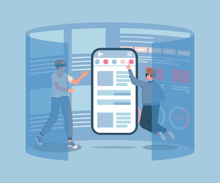 Two young male characters in VR glasses touching smartphone screen vector flat illustration.のイラスト素材