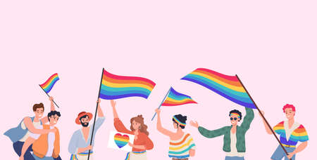 People taking part in LGBT pride vector flat illustration. Lesbian, gay, bisexual, transgender, and queer people.のイラスト素材