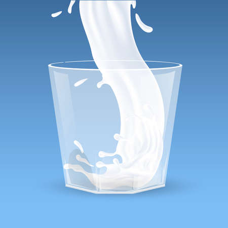 Splash of milk in transparent glass vector cartoon illustration. Liquid pouring into bar or restaurant glassware.のイラスト素材