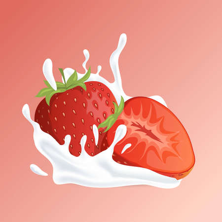 Strawberry and splash of liquid cartoon illustration. Natural organic cosmetic, yogurt or strawberry milk cocktail concept.のイラスト素材