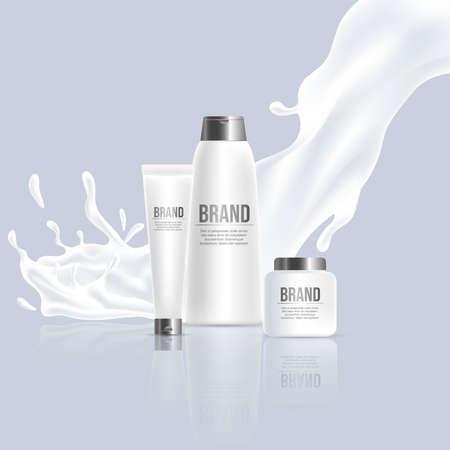 Cosmetic beauty products vector realistic poster design. Cream, shampoo bottles with splash of white cream.のイラスト素材