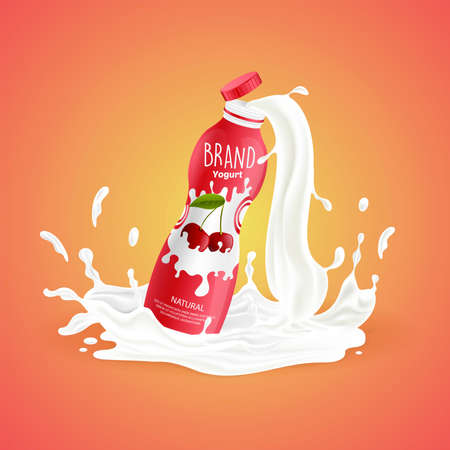 Cherry yogurt bottle with splash of milk vector cartoon illustration isolated on orange background.のイラスト素材