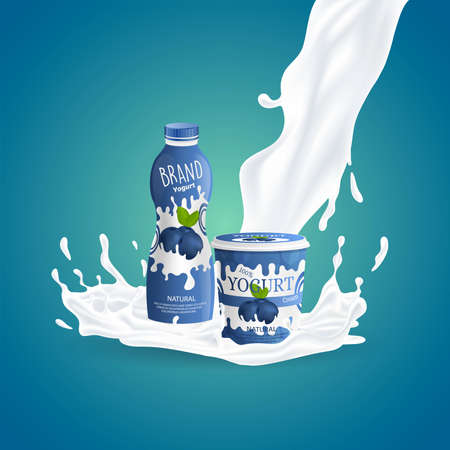 Blueberries yogurt bottle packaging design. Natural Greek yogurt vector cartoon illustration.のイラスト素材