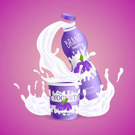 Plum fresh natural yogurt with splashing of milk swirl. Organic beverage vector cartoon illustration.のイラスト素材