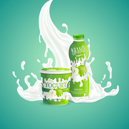 Apple yogurt packaging design with splashing of milk swirl. Tasty natural food vector cartoon illustration.のイラスト素材