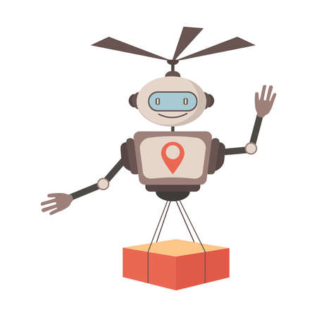 Modern robotic express delivery service vector flat illustration. Cute robot courier carrying parcel to customer.のイラスト素材