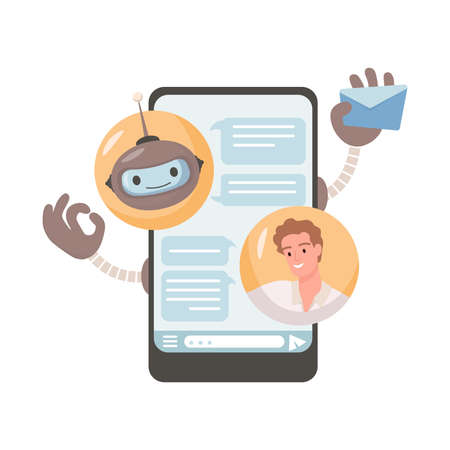 Online robotic assistance vector flat illustration. Young man chatting with robot in mobile application.のイラスト素材