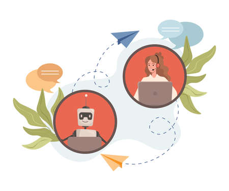 Young smiling woman chatting with robot vector flat illustration. Artificial Intelligence and online support.のイラスト素材