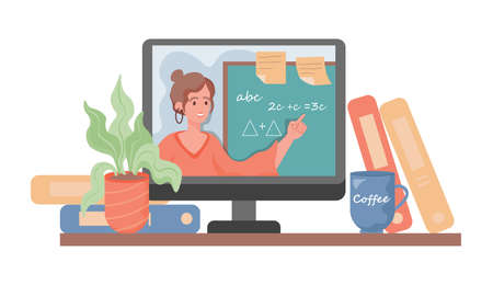Online education vector flat cartoon illustration. Woman on laptop screen explains mathematics and geometry.のイラスト素材