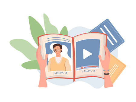 Hands holding book with playing online lesson vector flat illustration. Online education, remote learning.のイラスト素材