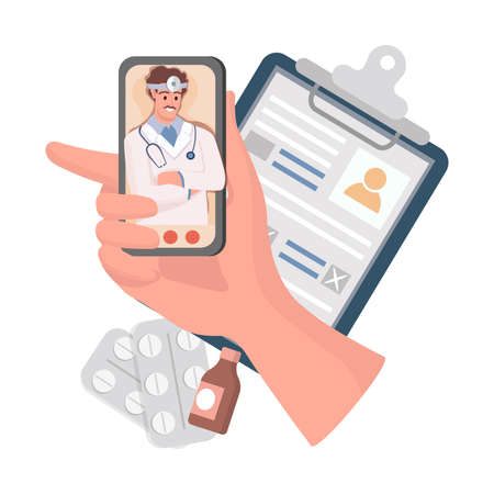 Hand holding smartphone with online medicine application vector flat illustration. Doctor consulting patient.のイラスト素材