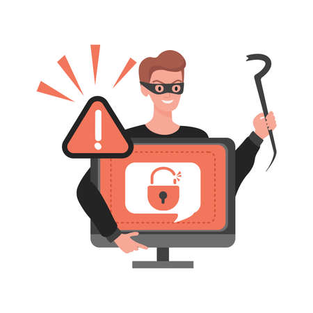 Thief hacking personal data in computer vector flat illustration. Cyber security, internet virus, cyber crime.のイラスト素材