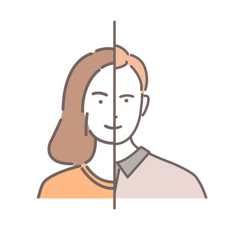 Gender Identity vector cartoon outline illustration. Half woman and half man face portrait. Gender differences.のイラスト素材