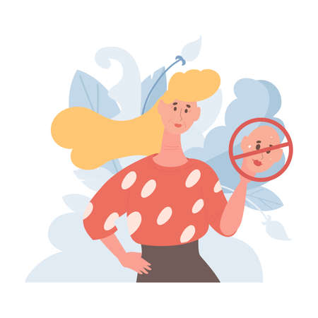 Elder woman with wrinkles refusing to wear mask vector flat illustration. Female character rejecting decorative cosmetics.のイラスト素材